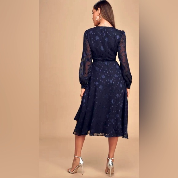 Lulu’s Evening of Elegance Navy Blue Floral Jacquard Burnout Wrap Midi Dress - Picture 8 of 12